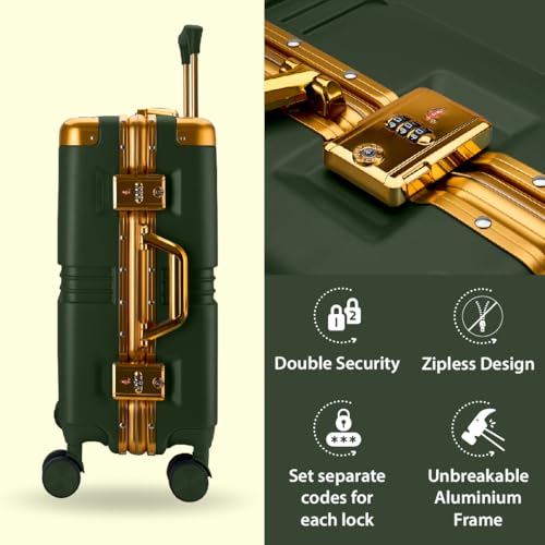 Image of Maleta Gold Series Cabin and Check-in Medium Luggage| 20'' and 24'' | Aluminium Frame,Dual TSA Lock | Trolley Bags for Travel Set of 2 | Suitcase | Luggage Bags (Green, Set of 2 (Small-Medium))