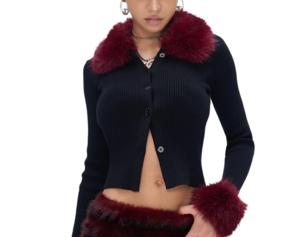 Womens Black Ribbed Cardigan with Burgundy Faux Fur Collar Cuffs Coats Slim Fit Cropped Knit Jacket for Winter