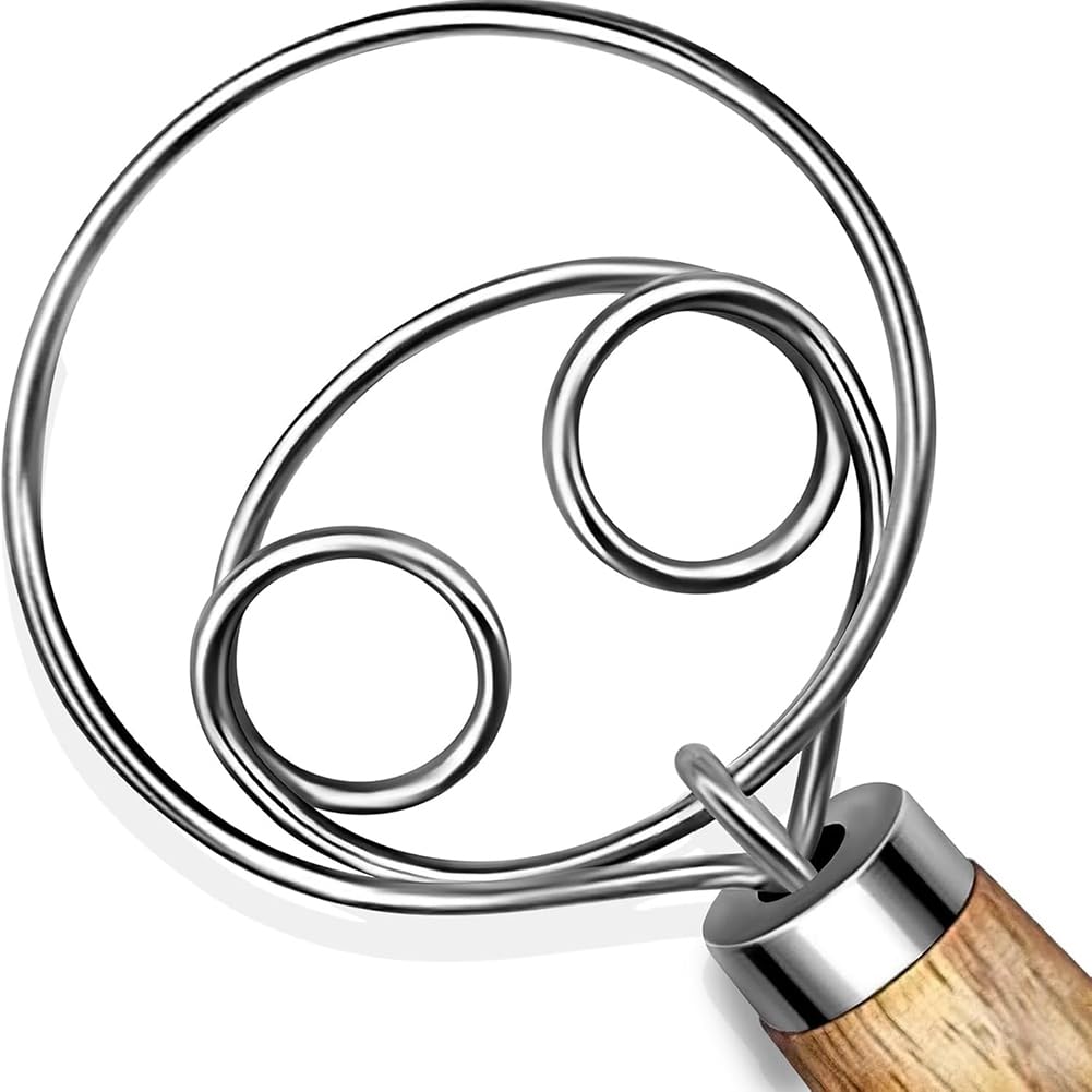 CTRLZS Dough Whisk Essential Tool- Stainless Steel Hook& Long Wooden Handle Sourdough Bread Baking Supplies