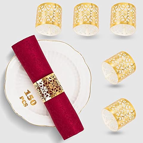 150PCS Premium Napkin Rings Laser Cut Foil Paper Napkin Holder for Wedding Party Dinner Table Decor,Special Events and Catering Services (Gold) Cover