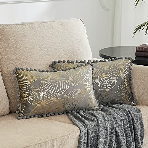 GIGIZAZA Lumbar Decorative Throw Pillow Covers, 12x20 Grey Gold Pom Pom Velvet Leaves, Cushion Covers for Sofa Couch, Pack of 2