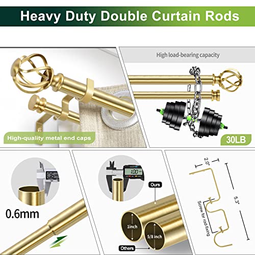 Gold Double Curtain Rods For Windows 36 To 72 Inch(3-6Ft),Adjustable Telescoping Double Curtain Rod With Twisted Cage Finials,1 Inch Diameter Heavy Duty Double Drapery Rods Set 36-72”,Brushed Gold #TOP1