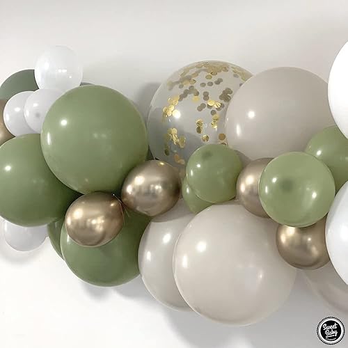 Miniatura 3 de Sweet Baby Co. Kit de guirnalda de globos verde salvia para arco neutro con oliva salvia mate, gris topo, blanco, dorado metálico, globos de confeti