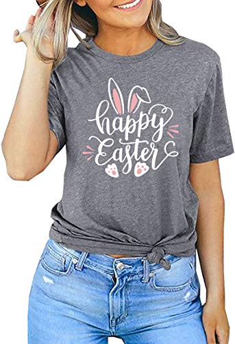 Image of Women Happy Easter T Shirt Bunny Rabbit Graphic T-Shirt Funny Letter Printed Shirts Short Sleeve Tops
