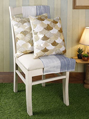 Image of eyda Sequin Cushion Covers 16X16 Inch, Pack of 2, Square Throw Cushion Covers, Pillow Covers for Bed, Decorative Cushion Covers for Sofa, Chair, Bed, Pillow Cover - Gold & Silver