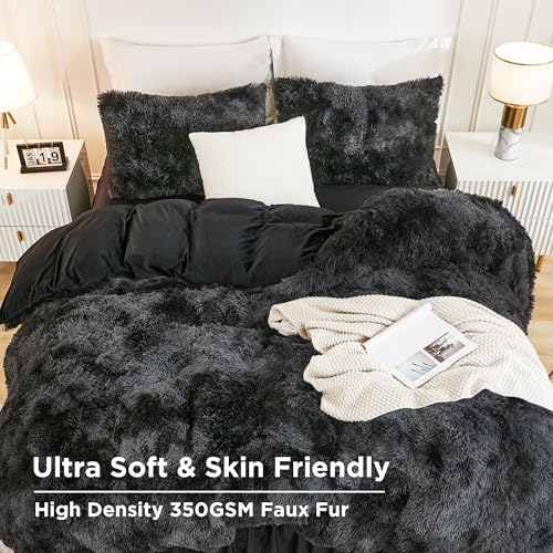 Andency Tie-Dyed Black Grey Comforter King Size, 3 Pieces Fluffy Faux Fur Warm Soft Fuzzy Plush Bedding Comforter Set, Thick Heavy Puffy Comfy Bedding Sets