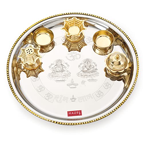 Image of HAZEL Stainless Steel Puja Pooja Aarti Thali Set | 28 cm with 1 Pc Diva | Agarbatti Incense Holder, Kumkum Wati and 2 Pcs Wati