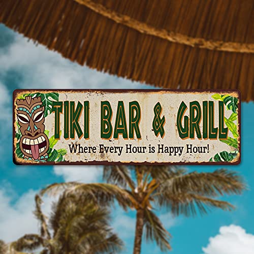 Tiki Bar & Grill Sign Hut Decor Signs Bars Grill Decorations Hawaiian Accessories Patio Beach Surfboard Wall Art Plaque Vintage Tin Gift 6 X 18 Matte Finish Metal 106180091034 #TOP1