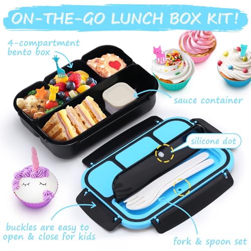 Image of QQKO Bento Box for Kids Adults, School Toddler Lunch Box for Boys Girls, Lunch Box Containers with 4 Compartments, Sauce Container, Utensils, Food Picks and Muffin Cups for School, Black Blue