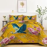 CozyRest Edredon Relleno nordico Cama Infantil Algodón - Floral Estilo japonés Pájaros Cama 80/90 - Bebe rellena Juego de Manta 135x200 cm con Almohada 50 x 75 cm por niños e niñas Amarillo