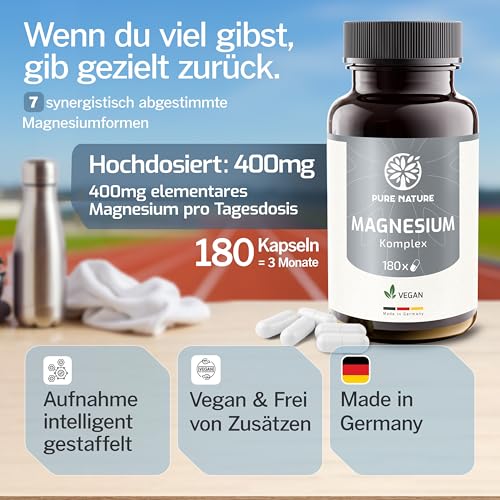 Magnesium Komplex hochdosiert - 400 mg - 180 Kapseln - 7in1 Komplex mit Magnesiumbisglycinat, Magnesiumcitrat, Magnesiummalat, Magnesiumtaurat - vegan - laborgeprüft - ohne Zusätze