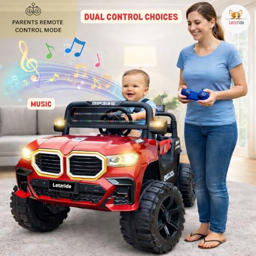 Image of Red Kids Electric Ride-On Jeep Car for 1-6 Years | Battery Operated SUV with LED Lights, Music, Remote Control & Rechargeable Battery | 4-Wheel Toy Car