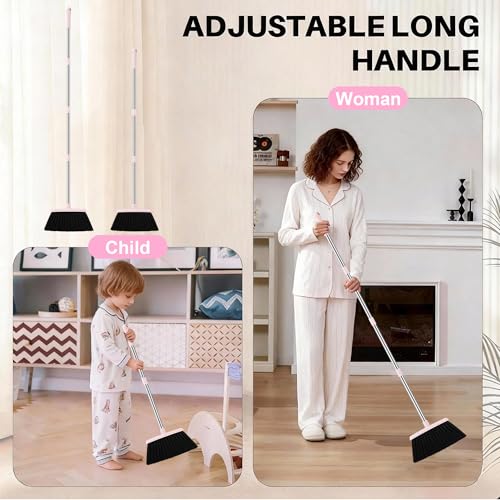 Image of BSKLIN Broom and Dustpan Set, 52 inch Long Adjustable Handle Broom with Dustpan Combo Set with Dust Pan Teeth to Clean Hair for Home Lobby Office Kitchen (Small-Pink-Purple)
