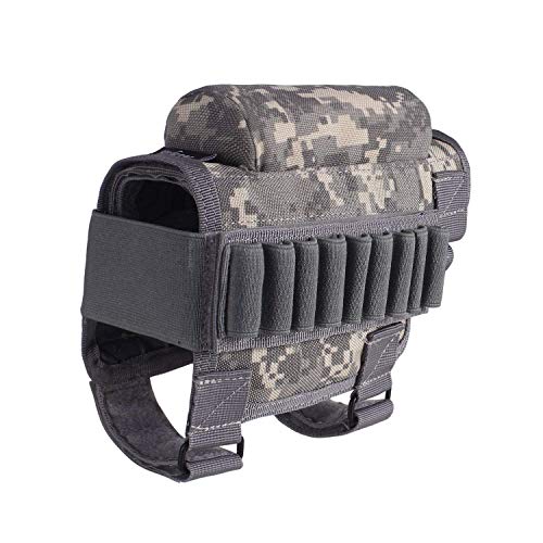 Tactical Gun Rifle Buttstock, Hunting Shooting Tactical Cheek Rest Pad Ammo Pouch With 7 Shells Holder Buttstock Cheek Rest Riser Cartridges Carrier Case Holder （Acu） #TOP27