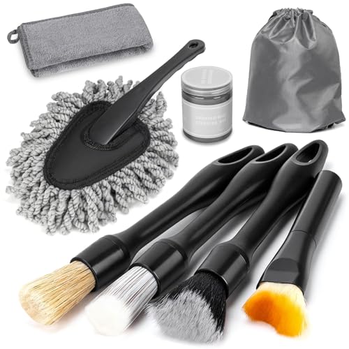 Viewmax 8PCS Car Detailing Brush Set, Interior Car Cleaning Kit with Dash Duster, 4 Detailing Brushes (Soft to Hard), Microfiber Towel, Cleaning Gel, for Vents, Dashboard & Leather Seats