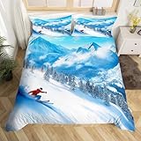 Homewish Winter-Bettwäsche-Set für Doppelbett, 3D-Schneegebirge, Kiefer Dschungel, Bettwäsche-Set für Kinder, Mädchen, Jungen, Erwachsene, Raumdekoration, Ski-Spieler, Steppbezug, Extremsportspiele