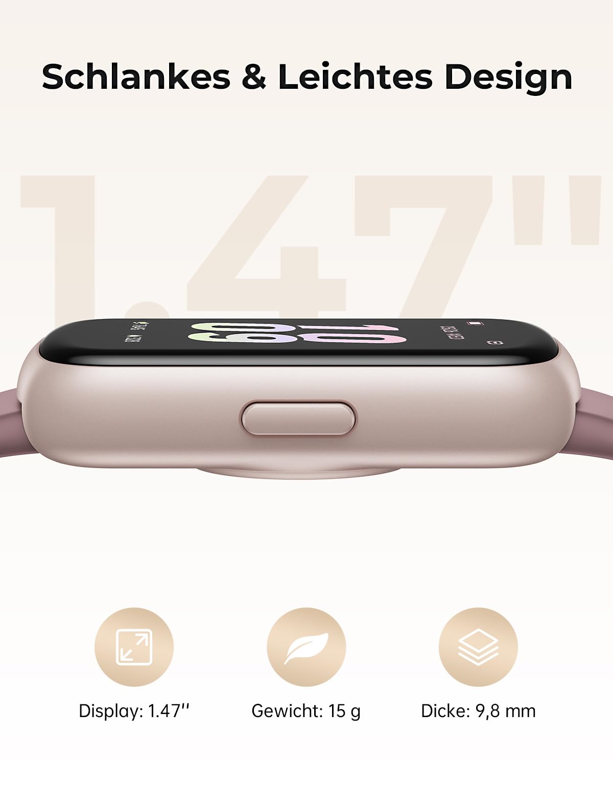 Smartwatch Damen Herren - 3 Armbänder, 1,47'' Klein Fitnessuhr als Fitness Tracker Aktivitätstracker Pulsuhr SpO2 Schlaftracker Schrittzähler Sportuhr für Android iOS, Roségold/Rauchviolett