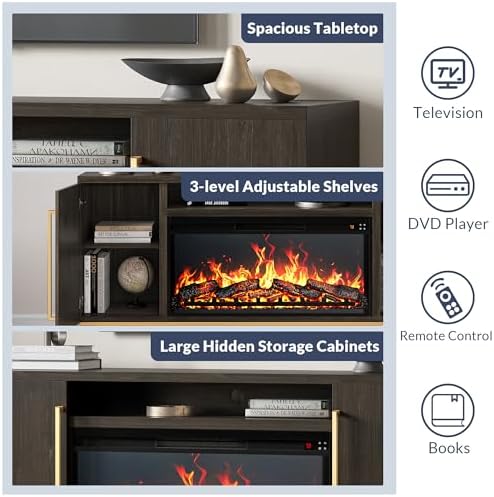 BELLEZE Fireplace TV Stand with 36" Electric Fireplace with Sound, Entertainment Center for TVs Up to 75", TV Console with Storage Cabinet and Open Shelf for Living Room, Bedroom-London (Dark Walnut)
