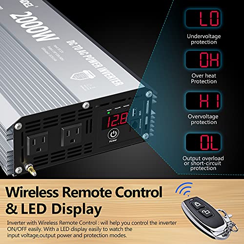 Giandel Power Inverter 2000W Modified Sine Wave Dc 12V To Ac 110V 120V With Wireless Remote Controller Led Display & 2.4 Amps Usb Port For Rv Truck Boat #TOP2