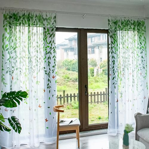 Cortinas de ventana transparentes y verdes, pack de 2 paneles con estampado botánico 5