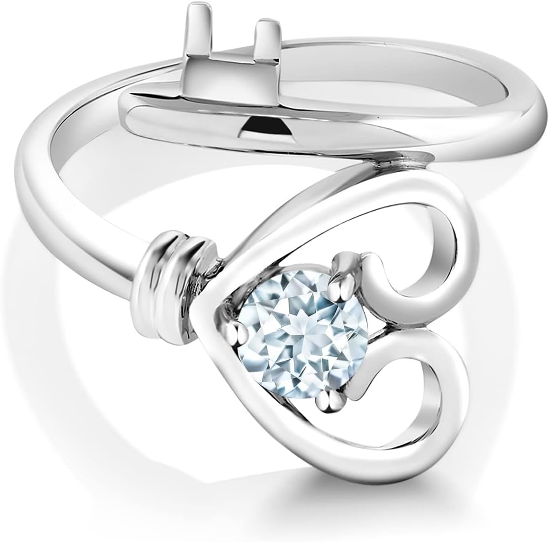 Gem Stone King 925 Sterling Silver Sky Blue Aquamarine Heart Key Women Ring | 0.40 Cttw | Round 5MM | Gemstone Birthstone | Wedding Engagement Anniversary Promise Ring For Women
