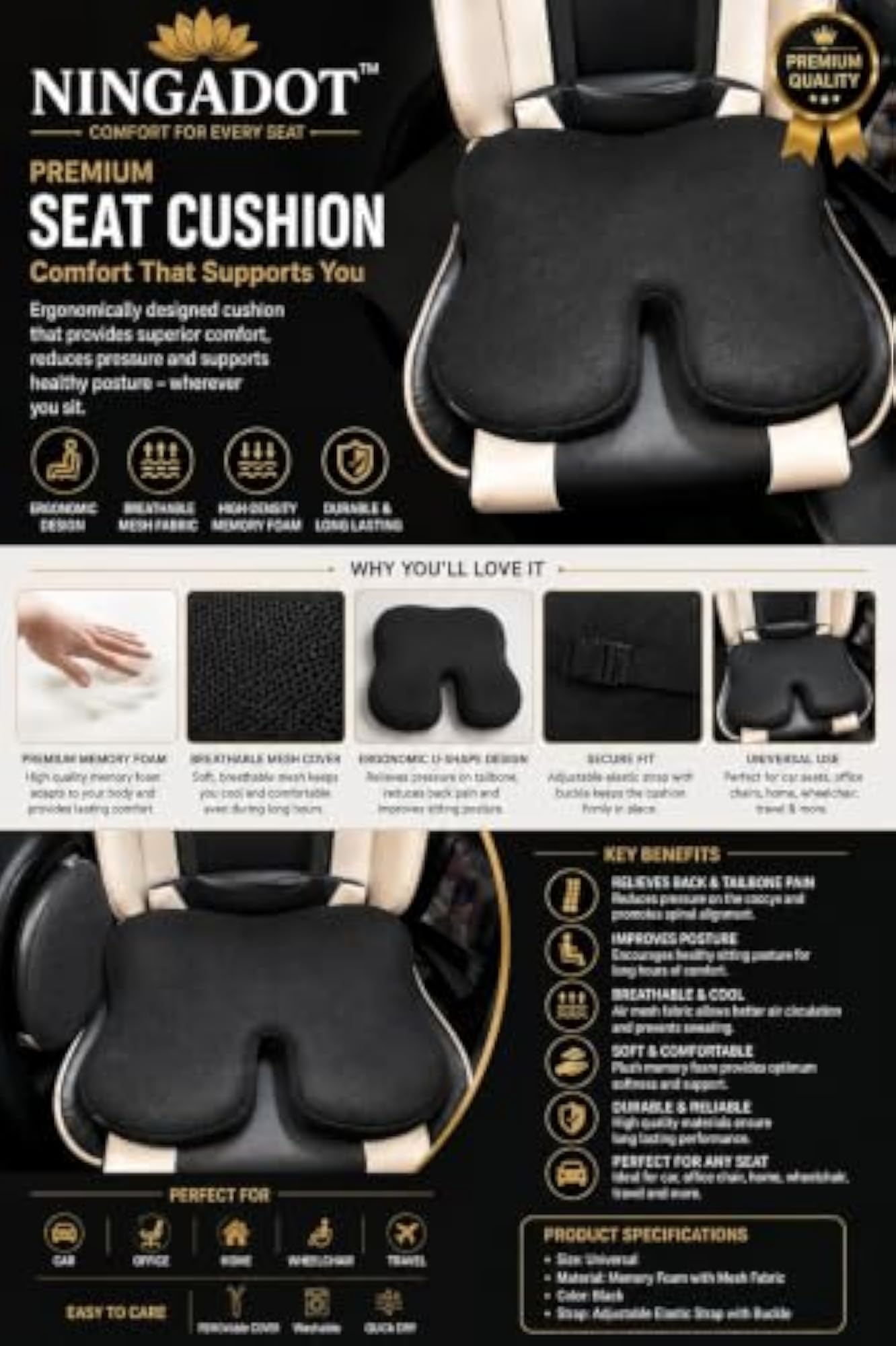 Backfit Ergonomic U Shaped Orthopedic Chair Cushion