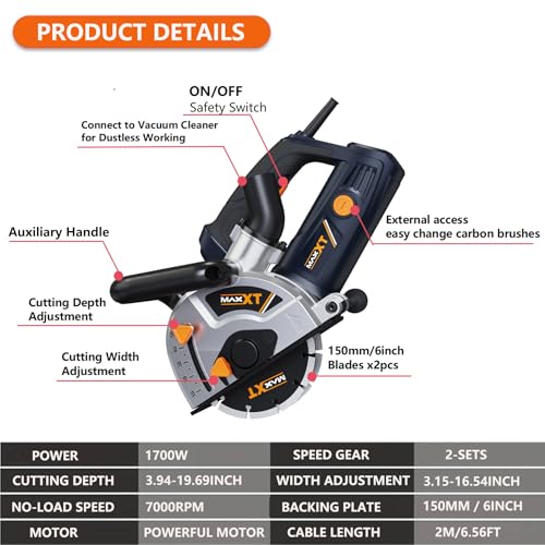 MAXXT Wall Chaser with Dust Extractor | 1700W, 9000 RPM Speed, 50mm Max Cutting Width, 30mm Channel Depth | Includes 2X 125mm Cutting Discs 5 MAXXT Wall Chaser with Dust Extractor | 1700W, 9000 RPM Speed, 50mm Max Cutting Width, 30mm Channel Depth | Includes 2X 125mm Cutting Discs - Image 5