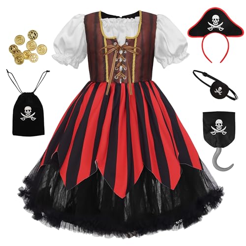Uplus ME Pirate Costume Girls Pirate Dress Kids Toddler Buccaneer Costume Cosplay Dress Up Outfit with Accessories (5-6Y/120)