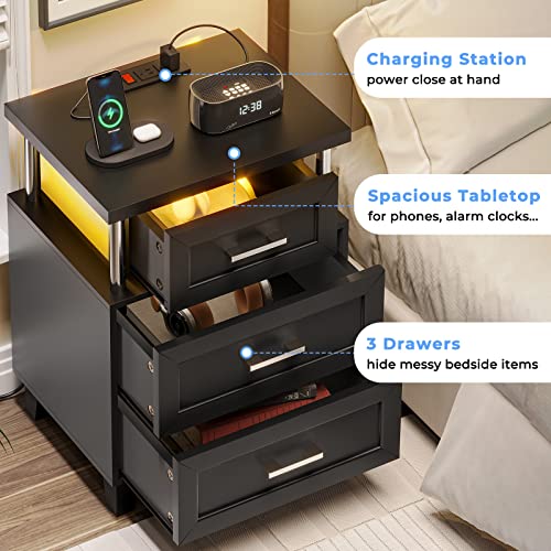 Aogllati Nightstand With Charging Station And Led Lights, End Side Table With 3 Drawers, Bedside Table For Bedroom With Usb Ports And Outlets, Set Of 2, Black #TOP2