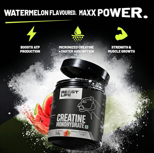 Image of BeastLife Micronised Creatine Monohydrate with Free Shaker | 319 g | 86 Servings | Watermelon | NABL Lab Tested | Rapid Absorption for Muscle Strength & Athletic Performance | Super Micronised Creatine Powder