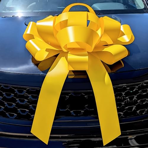 Image of CarBowz Big Car Bow for Car Decorations and Birthday Car Gifts, Large Bow Ribbon, Magnet, Car Safe Sticker Included, Fully Assembled 30 inch Wide Huge Bow, No Suction Cup Needed (Yellow)