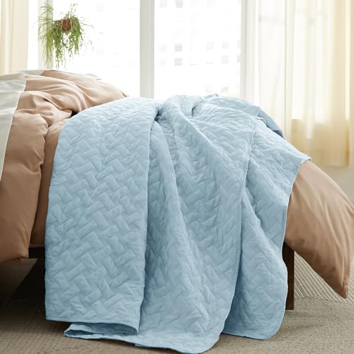 Image of Bedsure Quilts Queen Size - Lightweight Bedspreads Queen Size with Basket Weave Pattern, Soft Quilt Bedding Set, Sky Blue Comforter Set Coverlet for All Seasons with 2 Pillow Shams (90 inch x 96 inch)