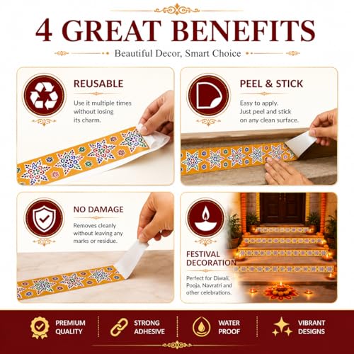 Image of Rangoli Kolam Stickers for Home Entrance & Pooja Room | Vinyl /Self Adhesive, Waterproof, Floor Decoration for Diwali, Navratri & Festivals (Combo Pack of 5) (Color Border CP5)