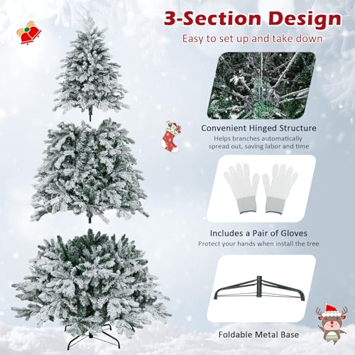 Image of Goplus 7ft Pre-Lit Snow Flocked Christmas Tree, Artificial Hinged Xmas Tree with 1687 Branch Tips, PE & PVC Mixed Leaves, 300 Warm-White LED Lights, Foldable Metal Base, for Home Office Holiday Decor