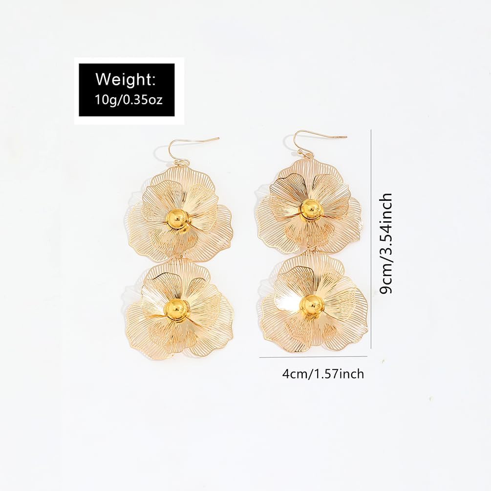 Dainty Large Gold Double Flower Drop Dangle Earrings for Women Statement Trendy Y2K Silver Floral Petal Stud Earring Boho Jewelry Costume Accessories - Image 2
