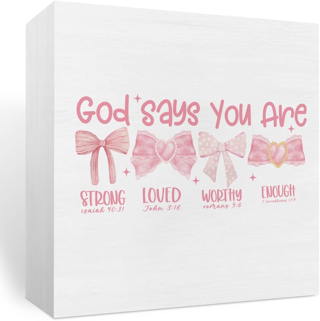 5x5 Inch Christian Wooden Box Sign, Pink Bow Bible Verse Decor