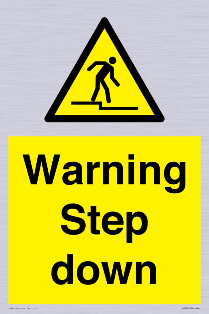 Warning Step down Sign - 200x300mm - A4P, Yellow/White