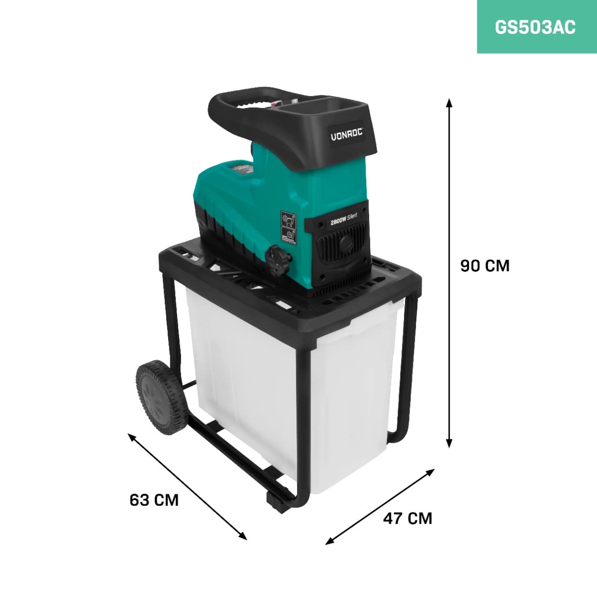 VONROC Trituradora de jardín - 2800W - Motor de inducción silencioso - Astilla madera hasta Ø45 mm - Incluye contenedor de recogida de 60L y palo de empuje