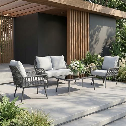Image of OUTLIVING Outdoor Sofa Set | Balcony Sofa | Patio Furniture Sets | Conversation Sets | Braid & Rope Garden (4 Seater- Light Grey)