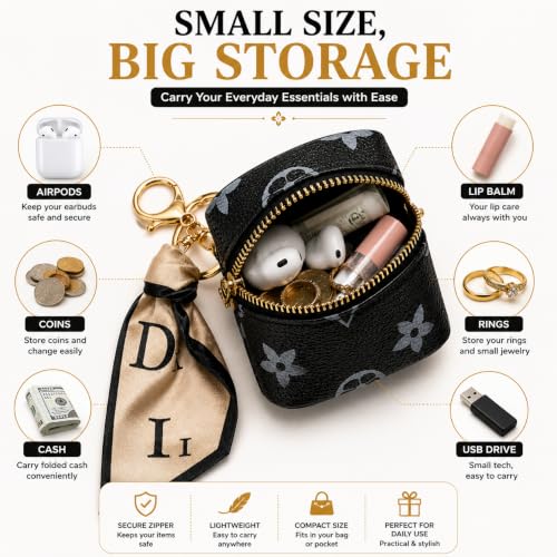 Image of Mini Zip Storage Pouch Keychain for Women | PU Leather Small Organizer for Coins, Earbuds, Lip Balm & Keys | Portable Bag Charm (Black)