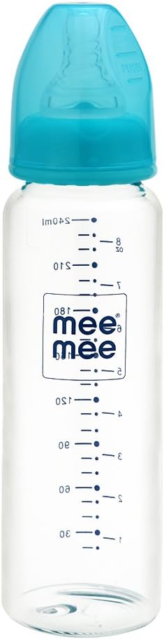 Mee Mee Premium Glass Feeding Bottle with Eazy-Flow Technology, Anti-Colic Valve,Anti Slip,BPA-Free Baby Feeding Bottle for Babies & Toddlers(Blue, 240Ml)