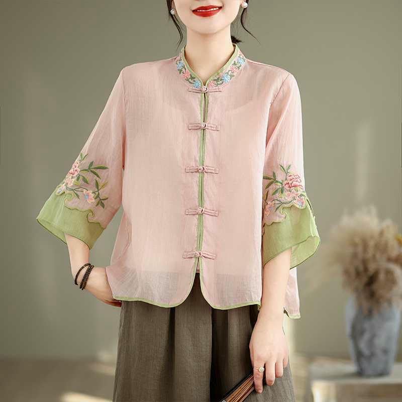 Women's Summer 3/4 Sleeve Heavy Embroidered Frog Button Literary Tea Outfit Blouse Top