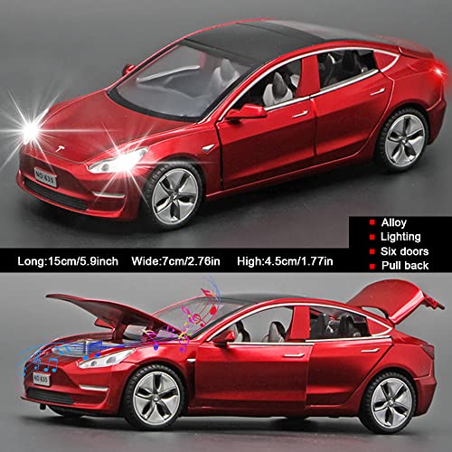 Diecast Car Toys Compatible For Tesla Model 3 Replica, 1:32 Scale Alloy Model 3 Toy Car Pull Back Car Model With Sound And Light Toy Vehicles, Mini Model 3 Play Car For Kids Birthday Xmas Gift (Red) #TOP4