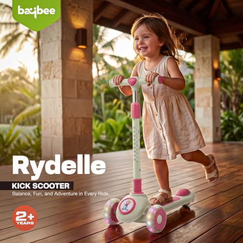 Image of Baybee Rydelle 3 Wheel Kick Scooter for Kids with LED Light Up Wheels & Music | Foldable, 3 Height Adjustable Kid Scooter Handle & Brake | Runner Scooters for Kids 2 to 10 Years Boys Girls (Cream)