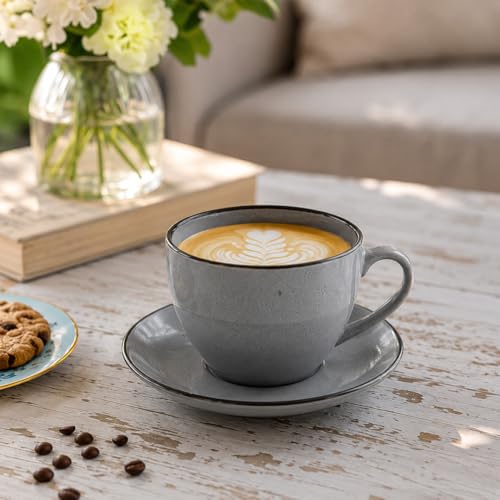 Image of The Earth Store Grey Marble Ceramic Cappuccino Cup with Saucer Set of 4 | 250ML Coffee & Tea Cups | Glossy Finish | Microwave & Dishwasher Safe | Ideal for Home & Gifting