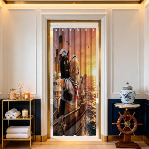 Image of Small Stall Shower Curtain Rv Black Cat, 48 x 72 Inchs | for Camper Stand Up Shower, Fun Orange Cat Pattern Design, Narrow Bathroom Decor Sets Waterproof Cloth Fabric, with Hooks