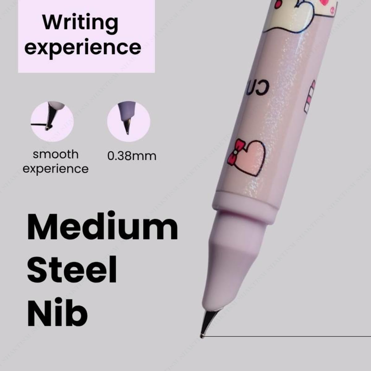 Close-up of the SHAKTISM Kuromi Fountain Pen's medium steel nib, emphasizing smooth writing experience.