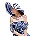 Queena Women Stripe Straw Hat Wide Brim Sun Hat Foldable Summer Beach Caps Gift for Mom Wife Girlfriend Navy Blue