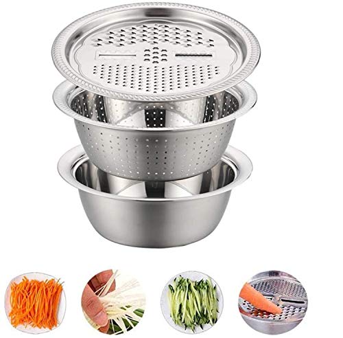 Gemüseschneider Multifunktionales Edelstahlbecken, 3-in-1-Küchensieb/Sieb & Schüssel & Reiben-Sets Gemüsehacker Zerkleiner Gemüsehobel
