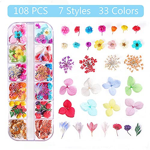 108Pcs Dried Flowers For Nail Art - 33 Color Lovely Natural Flower Nail Art, 2 Color Foil Nail Art, Nail Art Accessories Kits, Dried Flowers For Resin Molds, Ywli (Dried Flowers + Foil) #TOP1